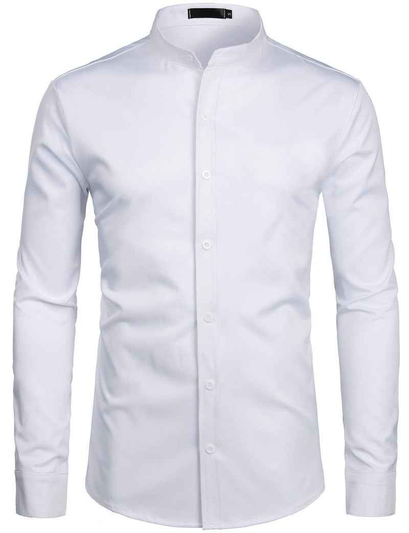 ZEROYAA Mens Hipster Solid Slim Fit Long Sleeve Mandarin Collar Dress Shirts ZLCL08 White Large - Image 1